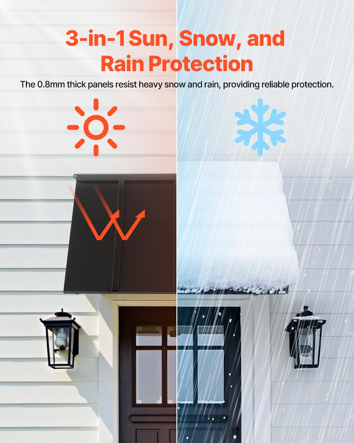 VEVOR Toldo para Exterior, Área de Protección Solar de 1125 x 610 mm Toldo de Acero con Recubrimiento en Polvo Resistente a la Oxidación con Voladizo Compatible para Puerta de 800 mm de Ancho
