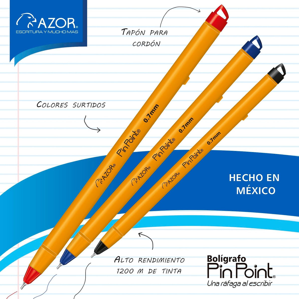 Azor Bolígrafo Punto Fino .7mm 36 Piezas PinPoint Colores Negro(18pz), Azul(12pz) y Rojo(6pz) 301.6820BCS