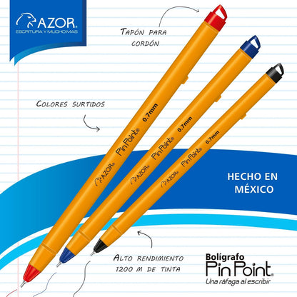Azor Bolígrafo Punto Fino .7mm 36 Piezas PinPoint Colores Negro(18pz), Azul(12pz) y Rojo(6pz) 301.6820BCS