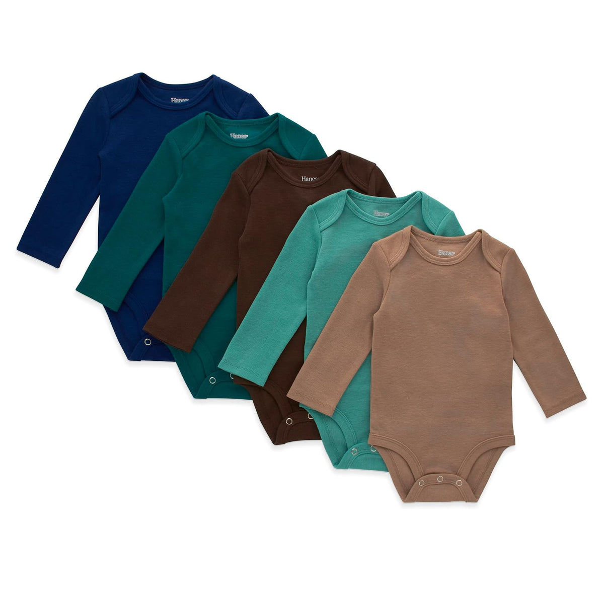 Hanes Flexy Paquete de 5 Bodies de Manga Larga Bebé - 6-12 Meses - Blue Green Dk Brown Set