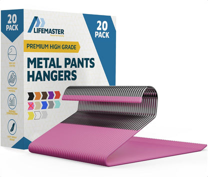 Lifemaster 20-Pc Metal Non-Slip Pants Hangers - Pink Heavy Duty Set for Pants, Jeans, Blankets - Space-Saving, Open-Ended Design - Keep Closet Organized - Ideal for Large Items - Durable PVC Cover - 20 Pack - Pink