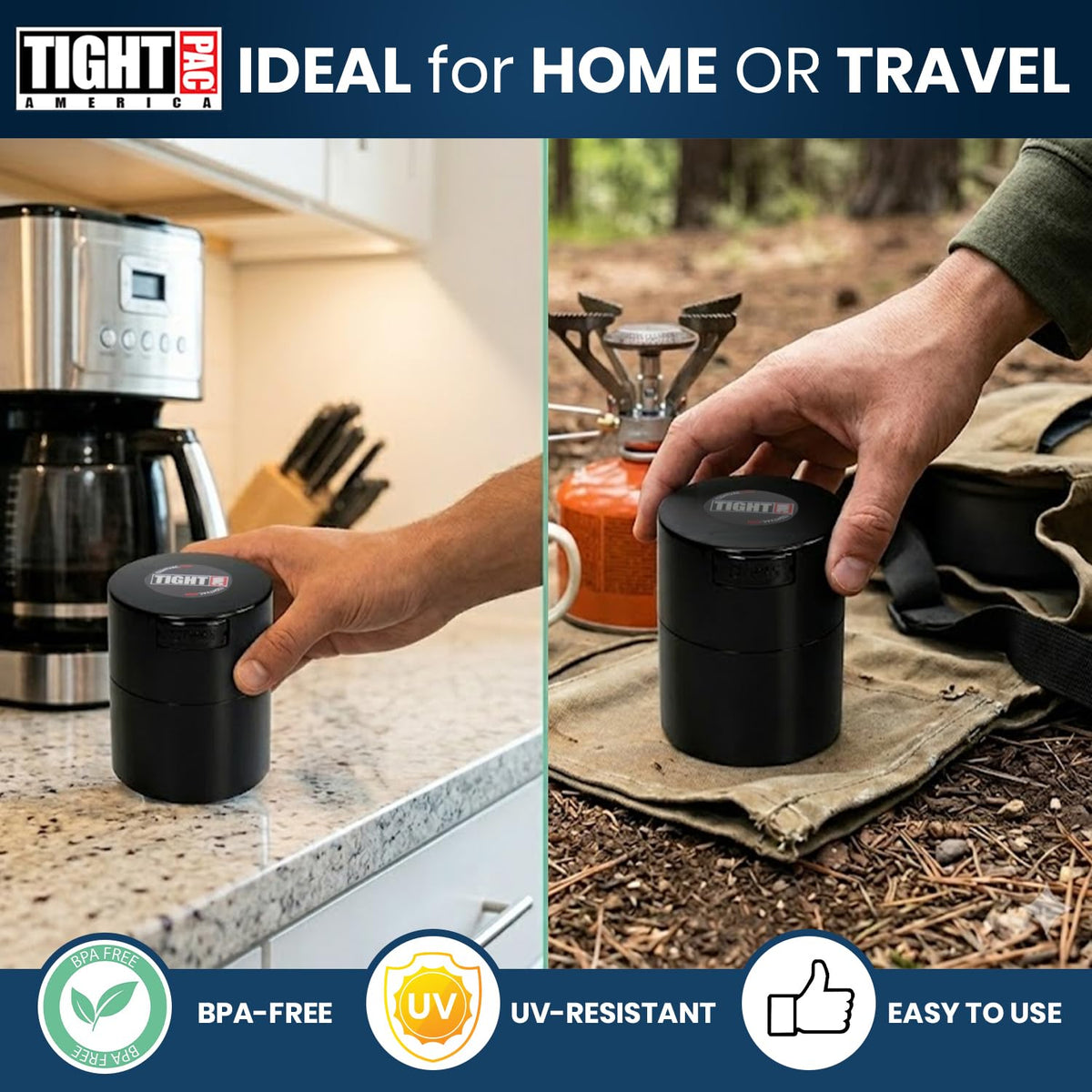 Tightvac – 14 g a 85 g hermético, multiusos, Sello de vacío, contenedor de almacenamiento portátil para artículos secos, comida, y hierbas, Negro sólido, .29-Liter/9-Fluid Ounce, 1