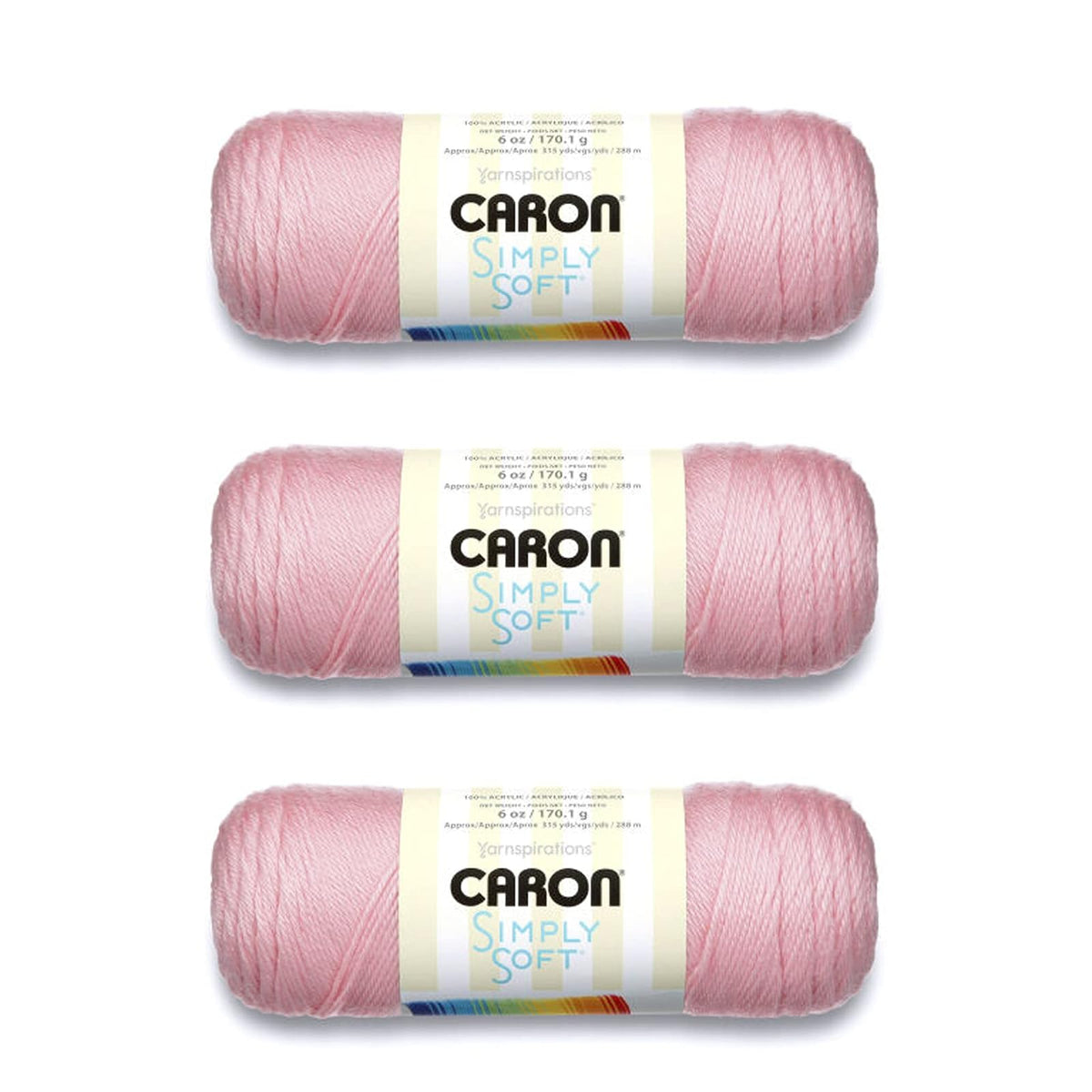 Caron Simply Soft Estambre Acrílico, Paquete de 3 Madejas de 170 g - Rosa suave - Paquete de 3