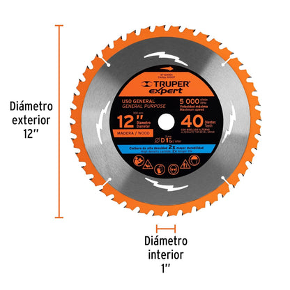 Truper Expert ST-1240EX, Disco sierra 12" para madera 40 dientes centro 1"