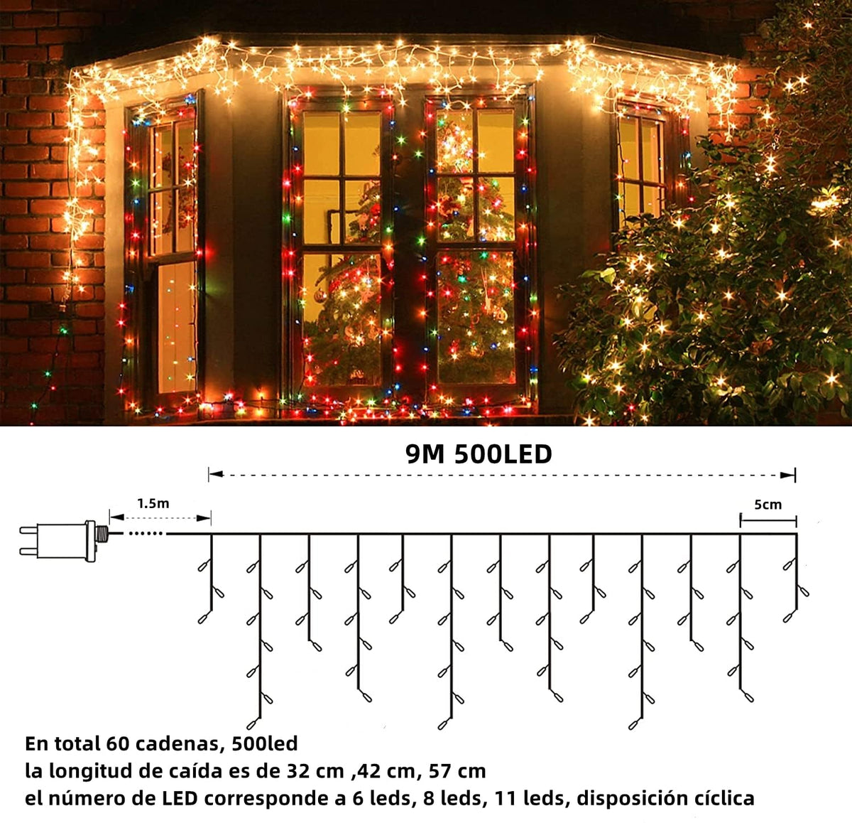 Luces Navideñas Cascada de Luces led -POWEROAK Luces de Navidad 9M 500LED IP44 Serie de Cascada led con 8 Modos de Iluminación Luz cascada Navidad Decorativas. (9M 500LED, Blanco cálido)
