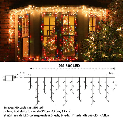 Luces Navideñas Cascada de Luces led -POWEROAK Luces de Navidad 9M 500LED IP44 Serie de Cascada led con 8 Modos de Iluminación Luz cascada Navidad Decorativas. (9M 500LED, Blanco cálido)