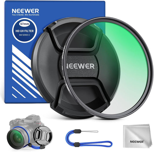 NEEWER 67mm UV MC Filtro Protección con Tapa Lente, Nanorrecubrimientos Resistentes/Vidrio Optico HD/Repelente al Agua/Resistente a Arañazos/Marco Ultradelgado Aaleación Aluminio/Filtro Ultravioleta