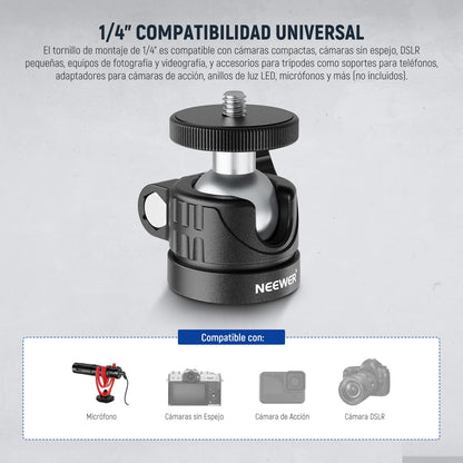 NEEWER BÁSICO Mini Rótula, Adaptador Montaje para Trípode Portátil con Tornillo 1/4" para Cámara Acción DSLR Compacta, Aro Luz LED, Monopié Deslizante, Carga Máx 2 kg, 60° Swivel & 90° Tilt, GM01