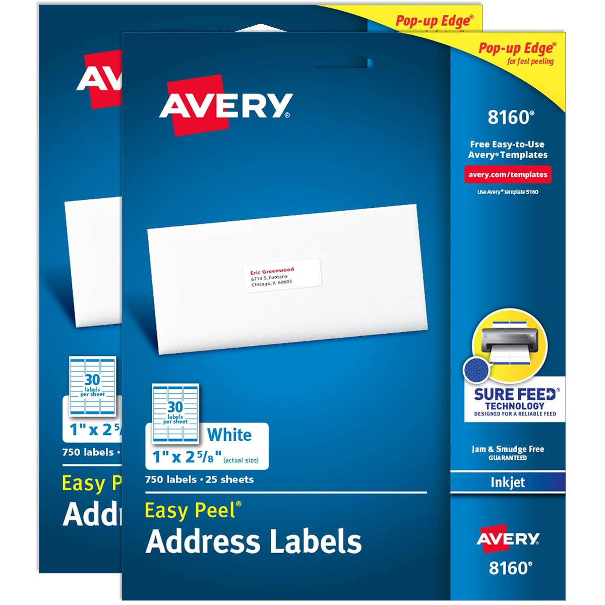 Avery Address Labels with Sure Feed for Inkjet Printers, 1" x 2-5/8", 1,500 Labels, Permanent Adhesive (2 packs 8160)