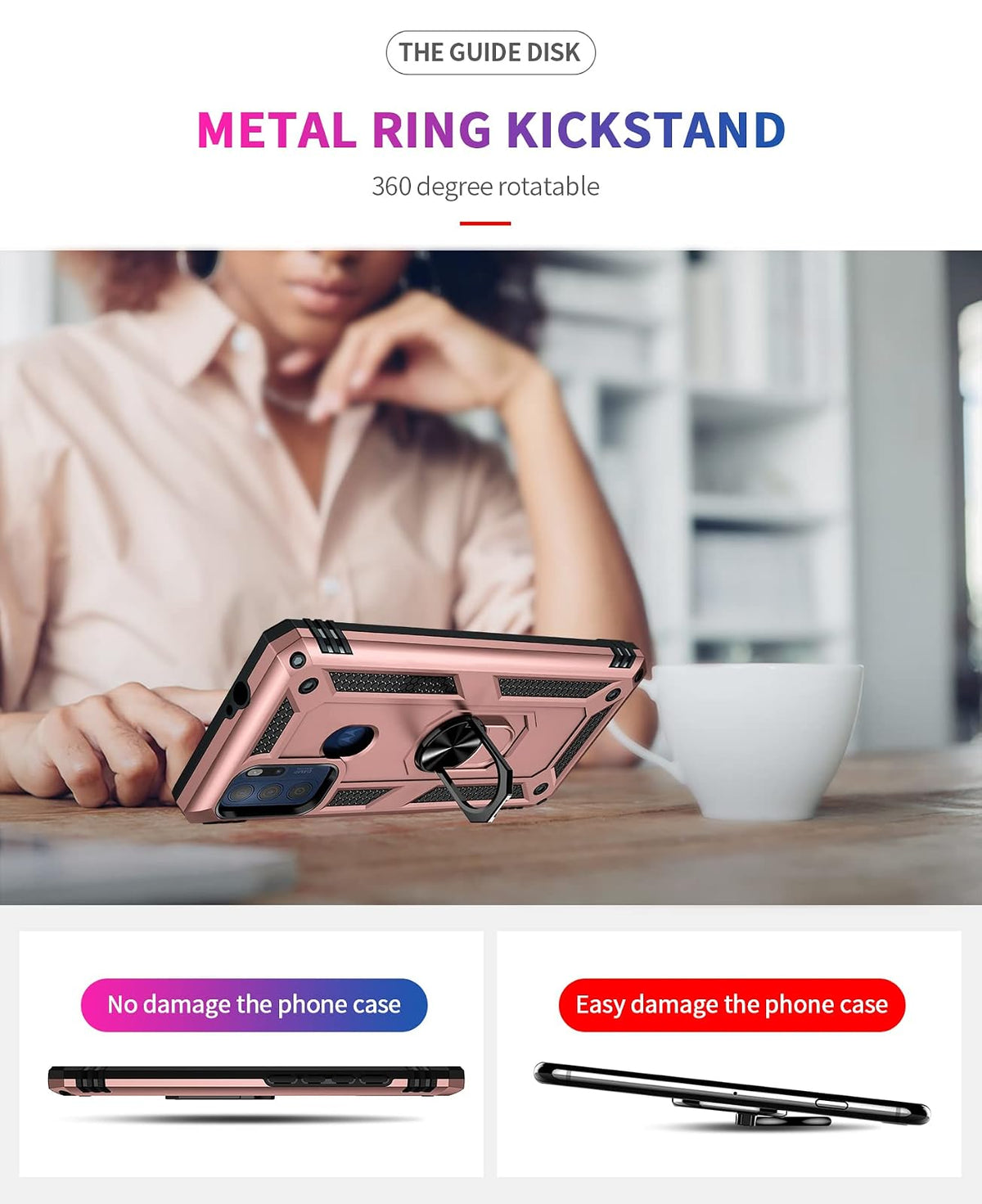 BestAlice.MX Funda para Motorola Moto G60S Case + Protector de Pantalla de Cristal Templado + Lens Mica, Híbrida Rugged Protección Dual Layer Bumper Carcasa con Pie De Apoyo, Oro Rosa