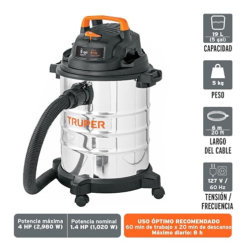 Truper ASP-5X Aspiradora de sólidos y líquidos de 5 GAL en Acero INOX