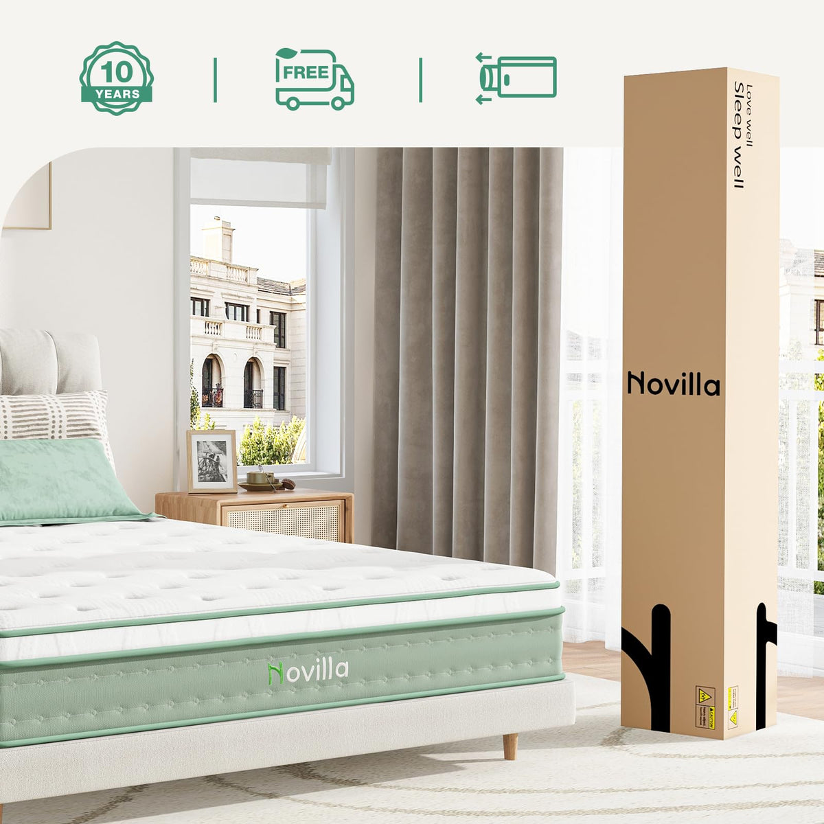 Novilla - Colchón Doble híbrido de 10 Pulgadas en una Caja, Espuma viscoelástica de inflado de Gel con espirales de Bolsillo para una Noche acogedora, colchón de tamaño Individual, tamaño Mediano