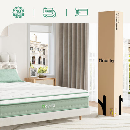 Novilla - Colchón Doble híbrido de 10 Pulgadas en una Caja, Espuma viscoelástica de inflado de Gel con espirales de Bolsillo para una Noche acogedora, colchón de tamaño Individual, tamaño Mediano