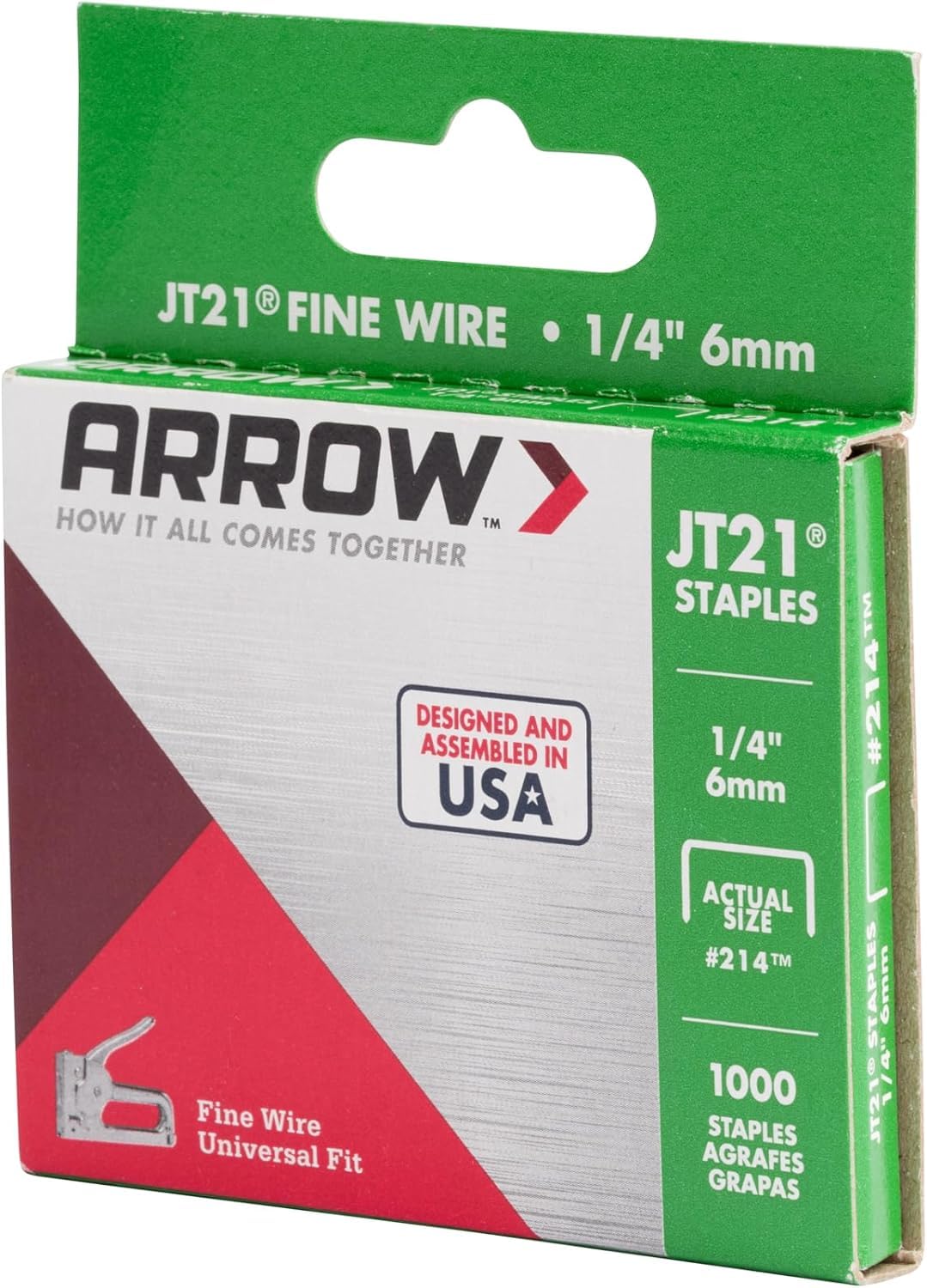 Arrow Fastener Grapas JT21 214 | 1/4 pulgada, caja 1000 grapas, corona plana ancho 7/16 pulgadas