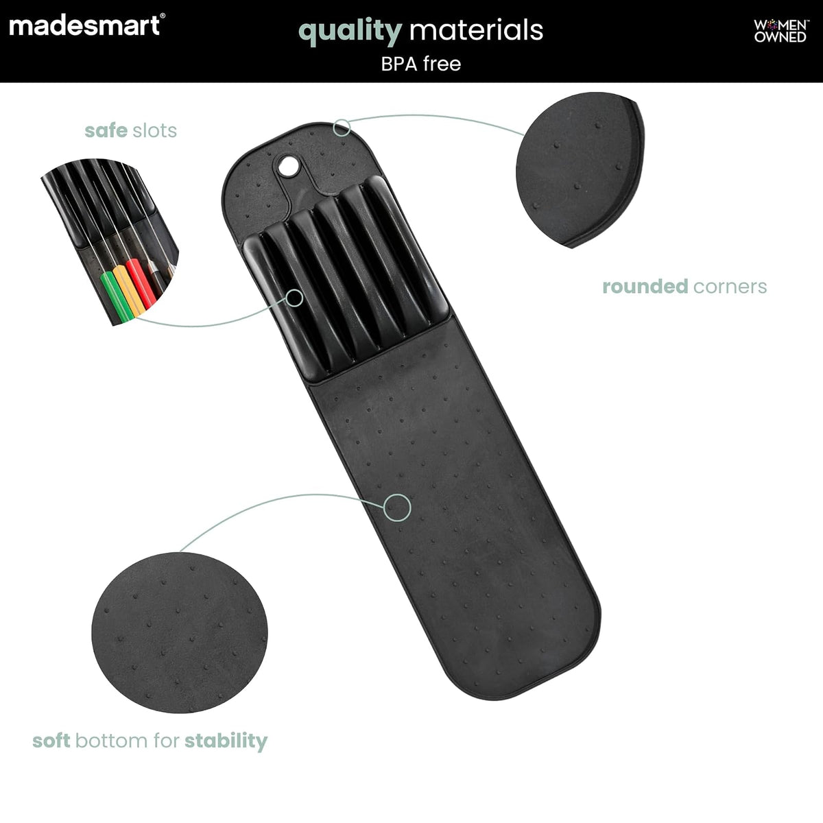 Madesmart Classic - Tapete de almacenamiento para cuchillos pequeños de 5 ranuras para cajones, bloque de cuchillos de cocina de agarre suave, color carbono