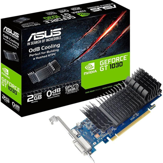 ASUS GeForce GT 1030 Tarjeta de Video para Oficina y reproducción de Video | GeForce GT 1030, 2GB GDDR5 64-bit, PCIe 3.0, HDMI 2.0b + DVI-D, pasiva sin ventilador (0dB), sin conector de poder, PSU 300W