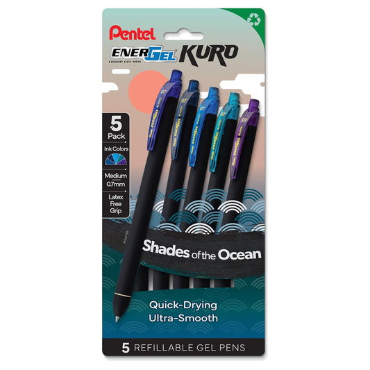 Pentel EnerGel Kuro Shades of the Ocean, bolígrafo retráctil de gel líquido, varios colores de tinta, paquete de 5 (BL437OCNPF5)