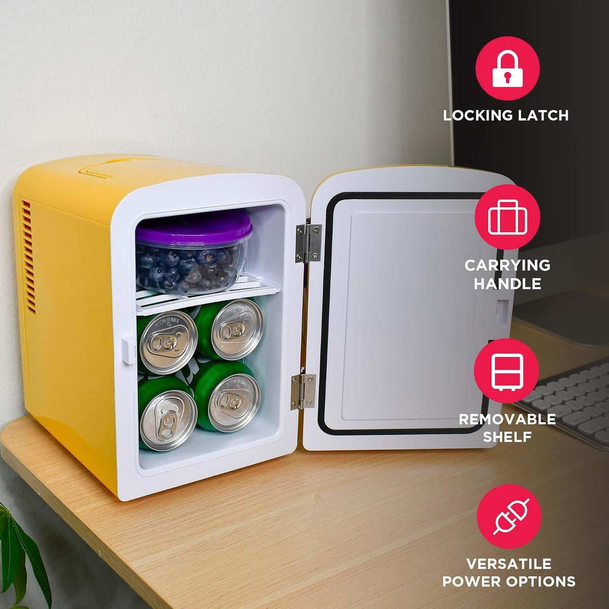 Frigidaire Curtis EFMIS151 Mini Portable Compact Personal Cooler Fridge, 4 Liter Capacity, 6 Cans, Makeup, Skincare, Freon-Free & Eco Friendly, Includes Home Plug & 12V Car Charger, Yellow