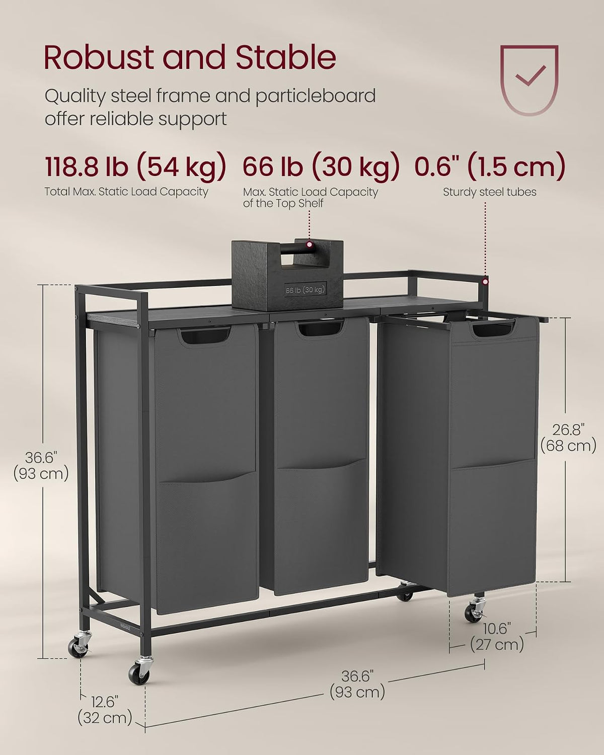 VASAGLE Clasificador de ropa de 43.5 galones UBLH031G01 - Cesta de lavandería con 3 compartimentos, carrito con ruedas, estante, bolsas extraíbles, bolsillos, gris pizarrón y gris carbón