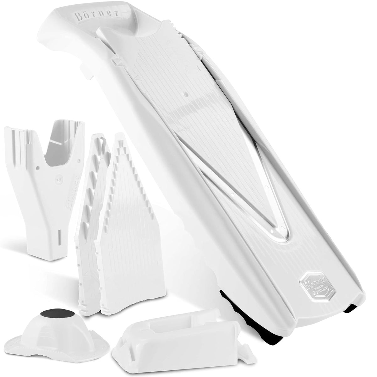 Reston Lloyd - Cortador de alimentos para mandolina Börner V5 (juego Profi) - V-Slicer con 4 inserciones, estación de acoplamiento y soporte para alimentos • Fabricado en Alemania • Picador de frutas