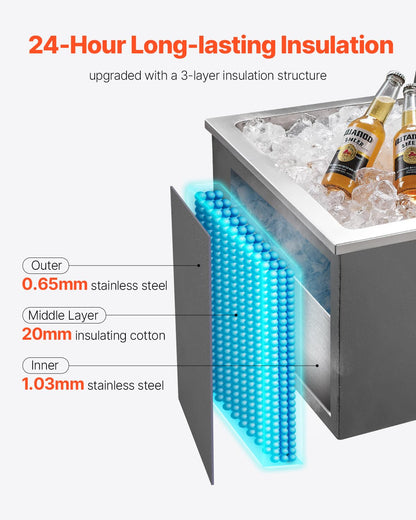 VEVOR - Cofre de hielo caída, enfriador de acero inoxidable, cubeta de hielo comercial con tapa para cocina al aire última intervensión, bar de patio, juego de tubos de drenaje incluidos, contenedores