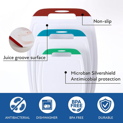 Neoflam Microban Juego de Tabla de Cortar de 3 Piezas | Multicolor, tamaños S/M/L, inversión de manchas y olores, apto para lavaplatos, BPA Free, mango antideslizante EZ Grip