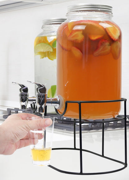Estilo 1 galón de vidrio Mason Jar doble Bebida Dispensador de bebidas en soporte de metal con Spigot sin fugas