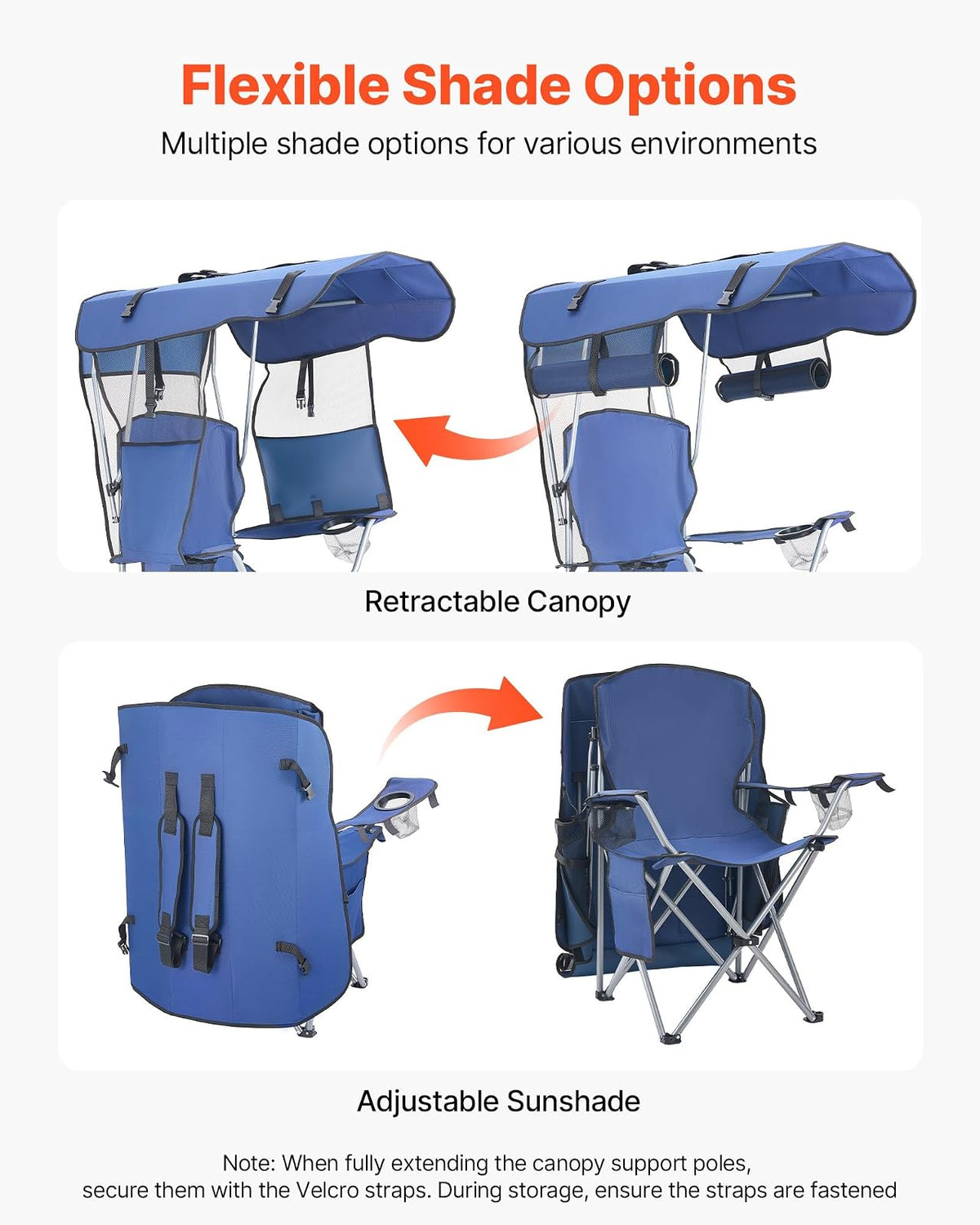 VEVOR Silla de Camping Plegable con Sombrilla Capacidad Máxima de 150 kg, Silla de Camping Portátil con Toldo Tela Oxford, Compartimento para Revistas, Portavasos y Bolsillo para Exteriores Pesca
