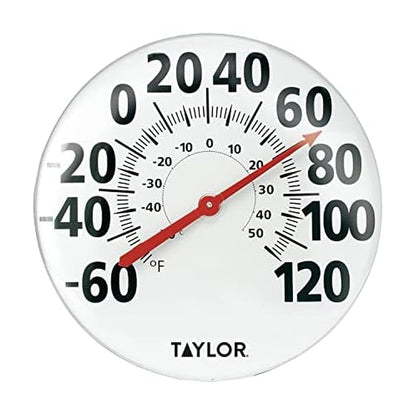 Taylor - Termómetro de pared de metal extragrande para interiores y exteriores, números fáciles de leer para patio, piscina y zonas interiores, 18 pulgadas, color blanco