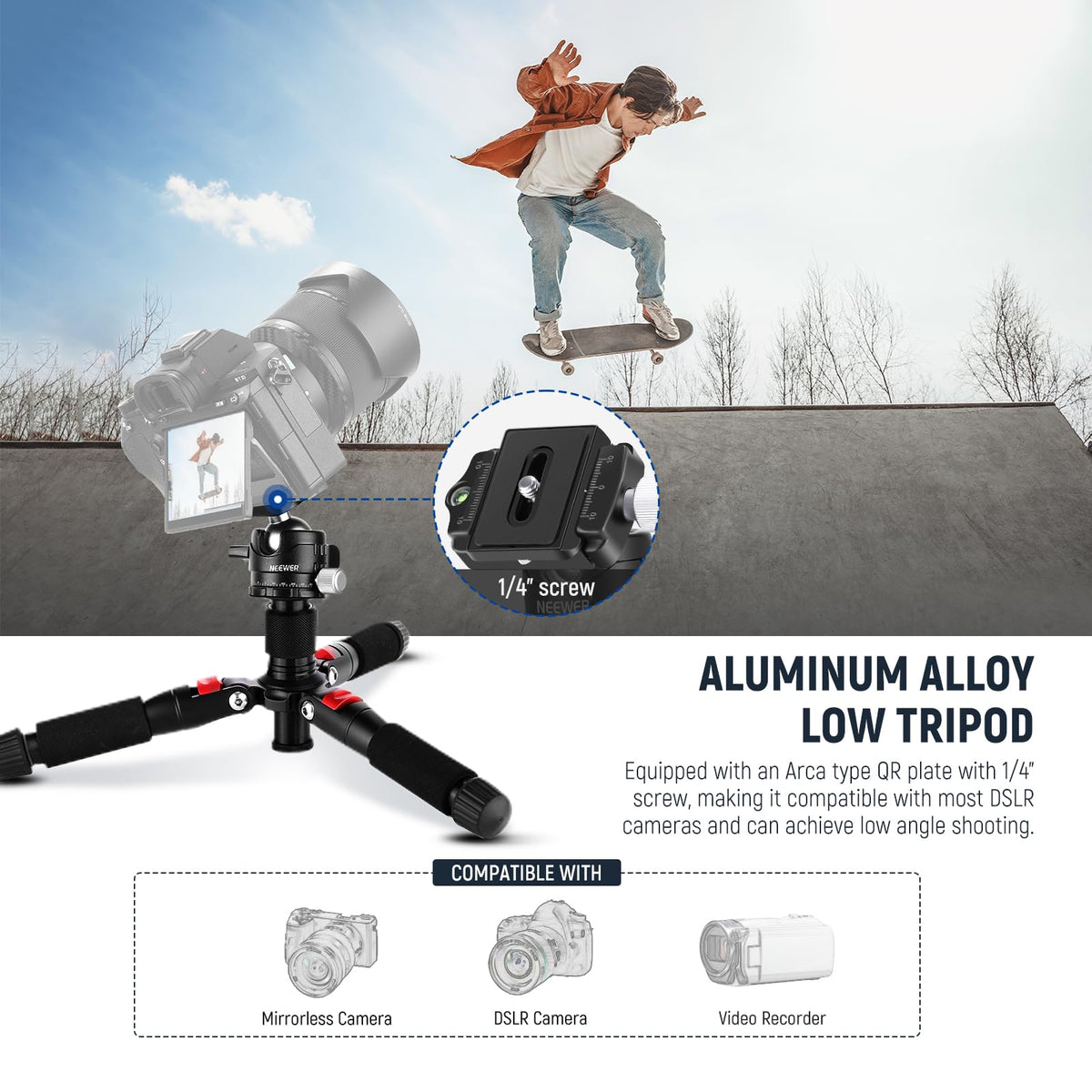 NEEWER Portátil Viaje Mini Tabletop Trípode | Escritorio Escritorio Trípode con 360° Rótula, 1/4" Placa de Liberación Rápida para DSLR Cámara Video Camcorder