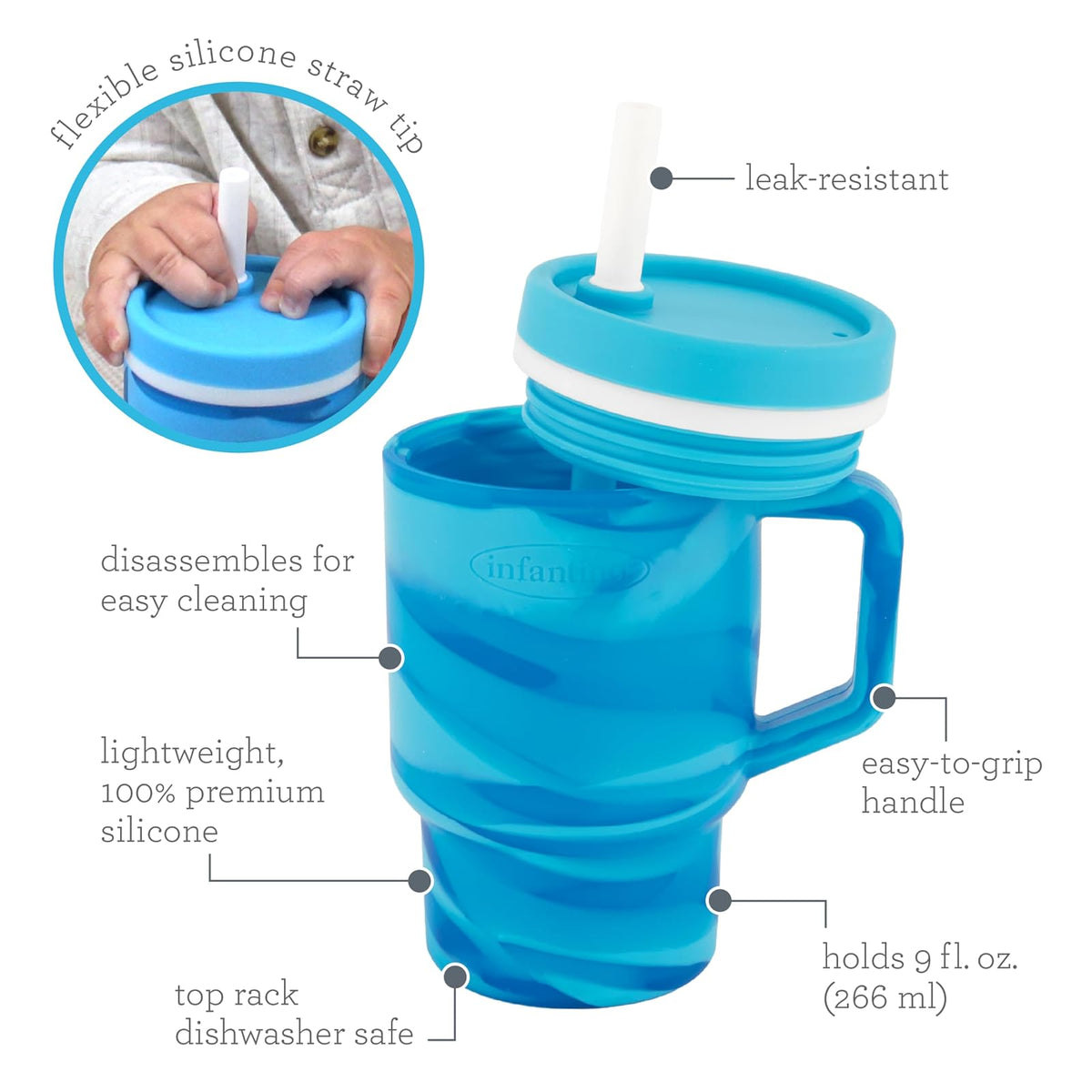 Infantino My 1st Tumbler, taza de silicona para beber con popote y asa, taza de bebé resistente a derrames para llevar o botella de transición sin BPA, remolino de arándanos