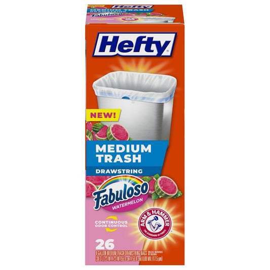 Hefty Bolsas de basura medianas Fabuloso aroma a sandía, 8 galones, 26 unidades