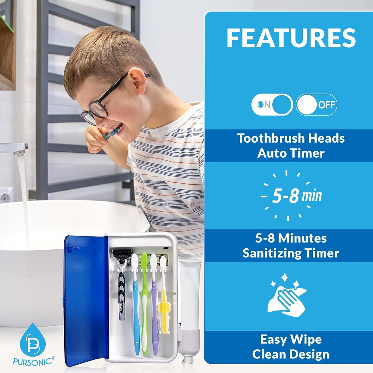 Pursonic - Soporte desinfectante para cepillos de dientes UV montado en la pared, 5 ranuras para cepillos de dientes para baños con soporte para pasta dental, soporte para cepillo para polvo de