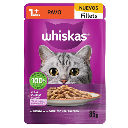 Whiskas Sobres para Gato, 24 Piezas de 85g, Varios Sabores - Pavo - Alimento Húmedo para Gato