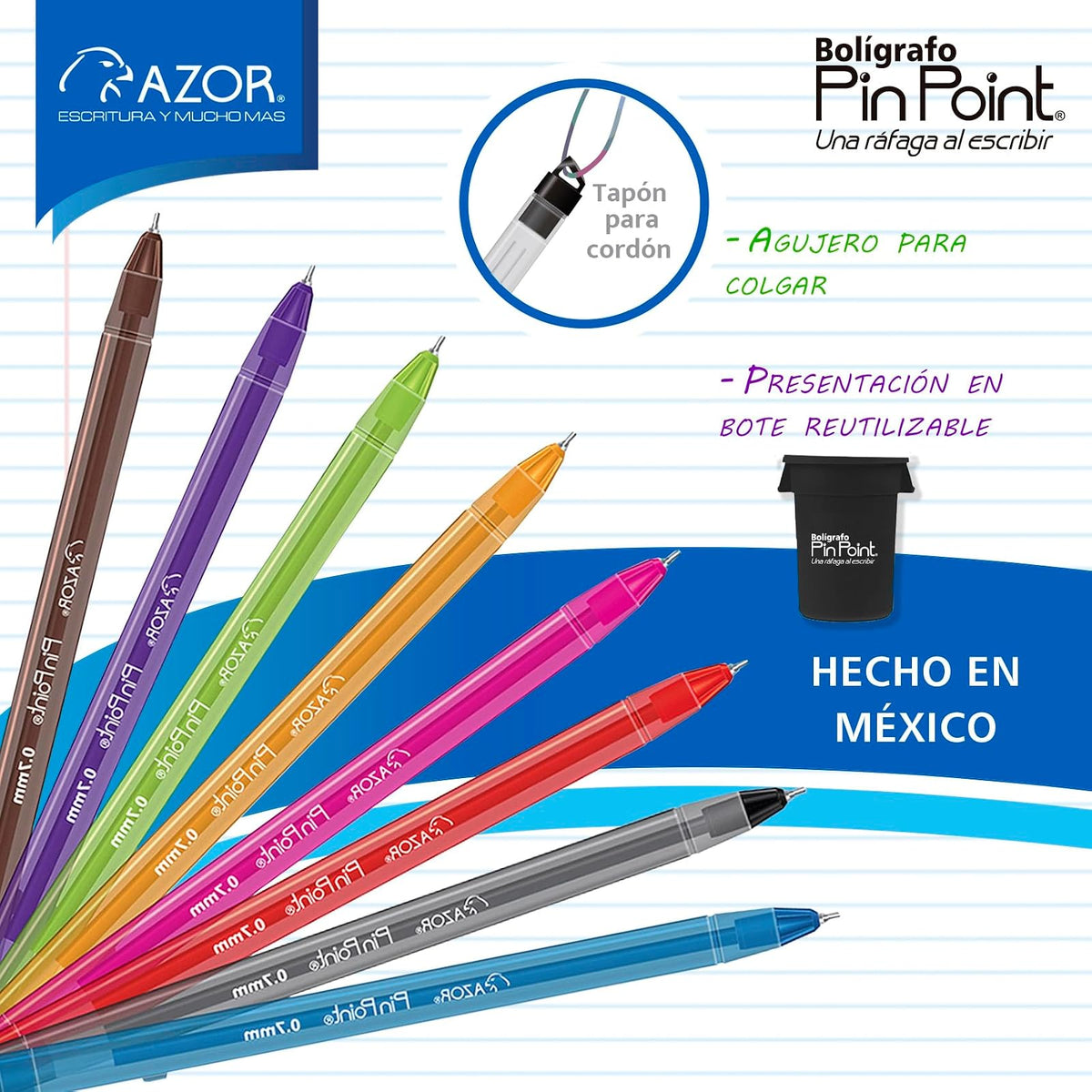 Azor Bolígrafo Punto Fino .7mm, 36 Piezas PinPoint 10 Colores Diferentes 301.6810B