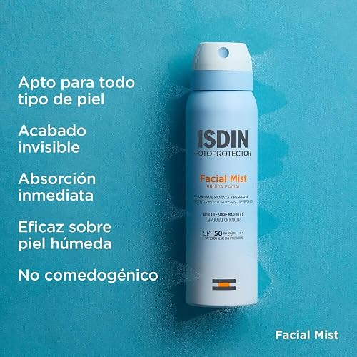 ISDIN Fotoprotector Facial Mist SPF50, Protector Solar facial en spray formato bruma ultrafina e invisible, Protege, hidrata y refresca tu piel, 100ml