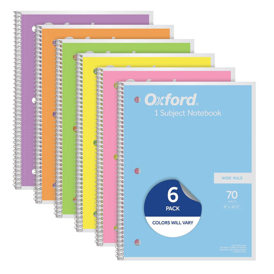 Oxford - Cuadernos en espiral, paquete de 6, 1 tema, cuadernos de rayas anchas para la escuela, 8 x 10.5 pulgadas, 70 hojas, colores pastel surtidos, suministros para el regreso a la escuela (63757)