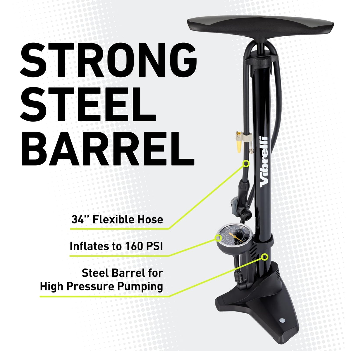 Vibrelli Vibrelli - Bomba de piso para bicicleta con manómetro - Alta presión 160 PSI - Válvula Presta bomba de bicicleta cambia automáticamente a Schrader - Bomba de bicicleta viene con kit de