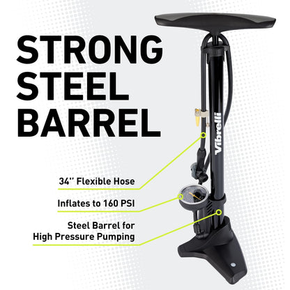 Vibrelli Vibrelli - Bomba de piso para bicicleta con manómetro - Alta presión 160 PSI - Válvula Presta bomba de bicicleta cambia automáticamente a Schrader - Bomba de bicicleta viene con kit de