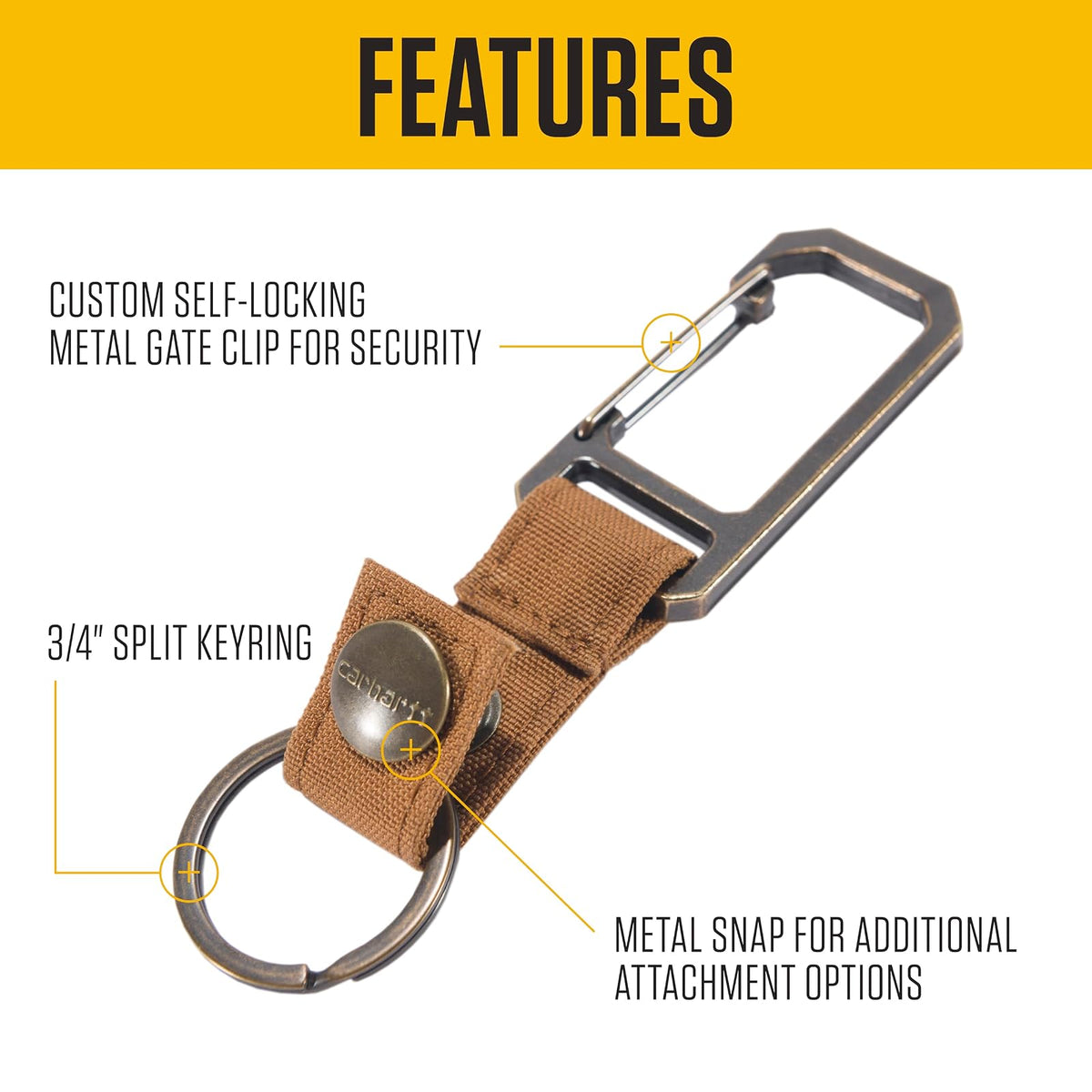 Carhartt Unisex Adult Durable Metal Key Keeper, Belt Loop Key Ring Holder With Self-locking Metal Gate Clip for Car/Home Keys Llavero Unisex adulto