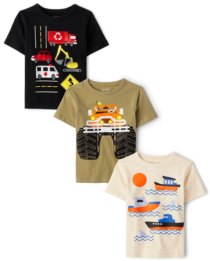 The Children's Place Camisetas Gráficas Manga Corta para Niño - Vechicles - Camiones - Barcos Paquete de 3 - 4T