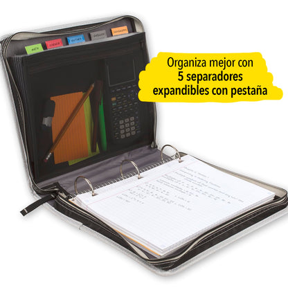 Five Star Carpeta de Tela con Cierre de 2" de 3 Argollas, Panel y Archivo Expandible y Organizador, Capacidad 580 Hojas. Negro-Gris. 29052IT8