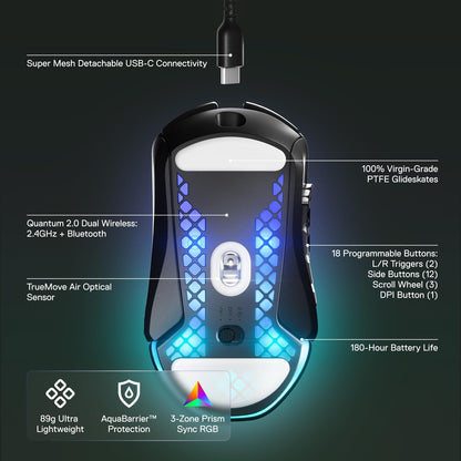 SteelSeries Aerox 9 Wireless - Mouse para Juegos Holey RGB - Diseño Ultraligero Resistente al Agua - 18 Botones - Bluetooth/2.4 GHz - Sensor óptico de Aire TrueMove de 18 K dpi