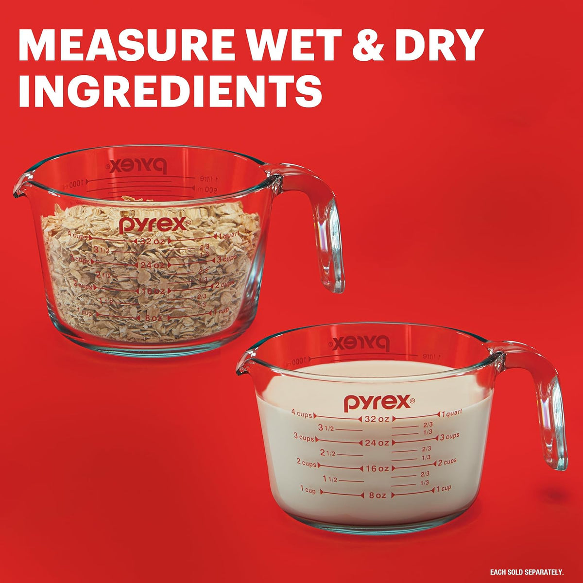 Pyrex Juego de Tazas Medidoras, 3 unidades, vidrio | Para preparar, hornear y cocinar, horno precalentado, lavaplatos, congelador y microondas