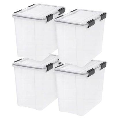 IRIS USA 4 Contenedores de 32 Qt con Tapa Hermética, Claro/Negro | El sello WeatherPro protege artículos de uso diario en clósets, oficinas y áreas de lavandería. - 34.1 L - Paquete de 4