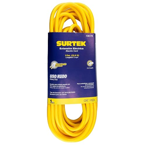 Surtek 136173 Extensión eléctrica uso rudo aterrizada color amarillo, 10 m