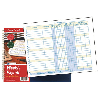 Adams Weekly Payroll Record, capacidad de 20 empleados, encuadernación en espiral, 11 x 8.5 pulgadas, blanco, (AFR50)