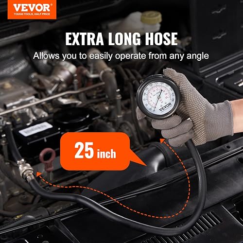VEVOR Kit adaptador de probador de compresión, 9 piezas de prueba de compresión de fugas de cilindro de motor automotriz, medidor de presión preciso de doble escala 0-300 psi, con mangueras de largo