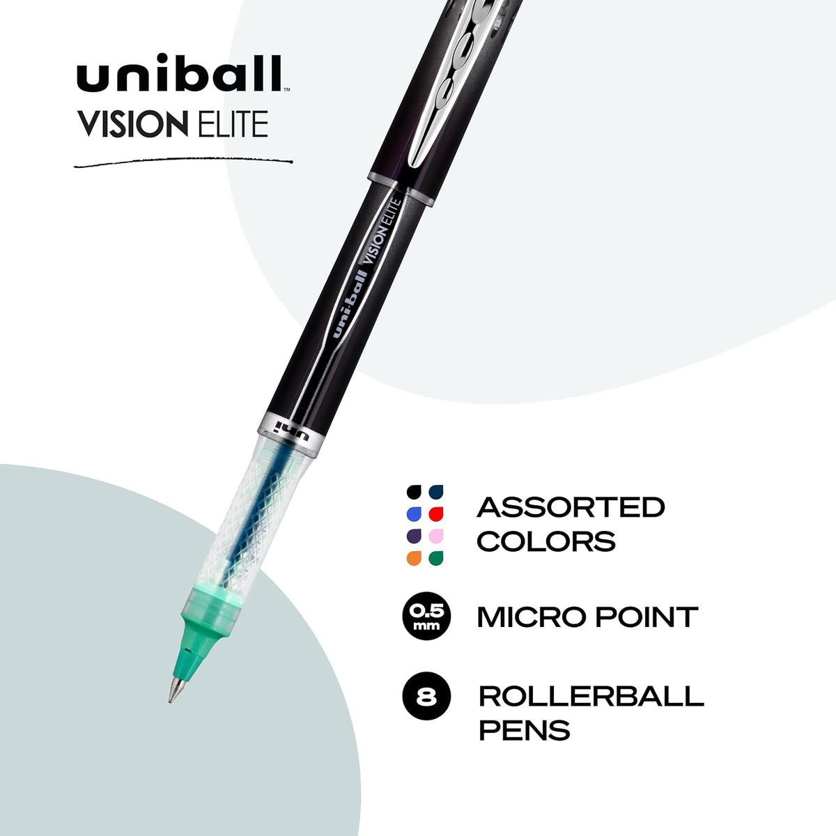 Sanford Uni-Ball Vision Elite Stick Micro Point Rollerball Pens, 0.5mm, 8 Colored Ink Pens (58092PP)
