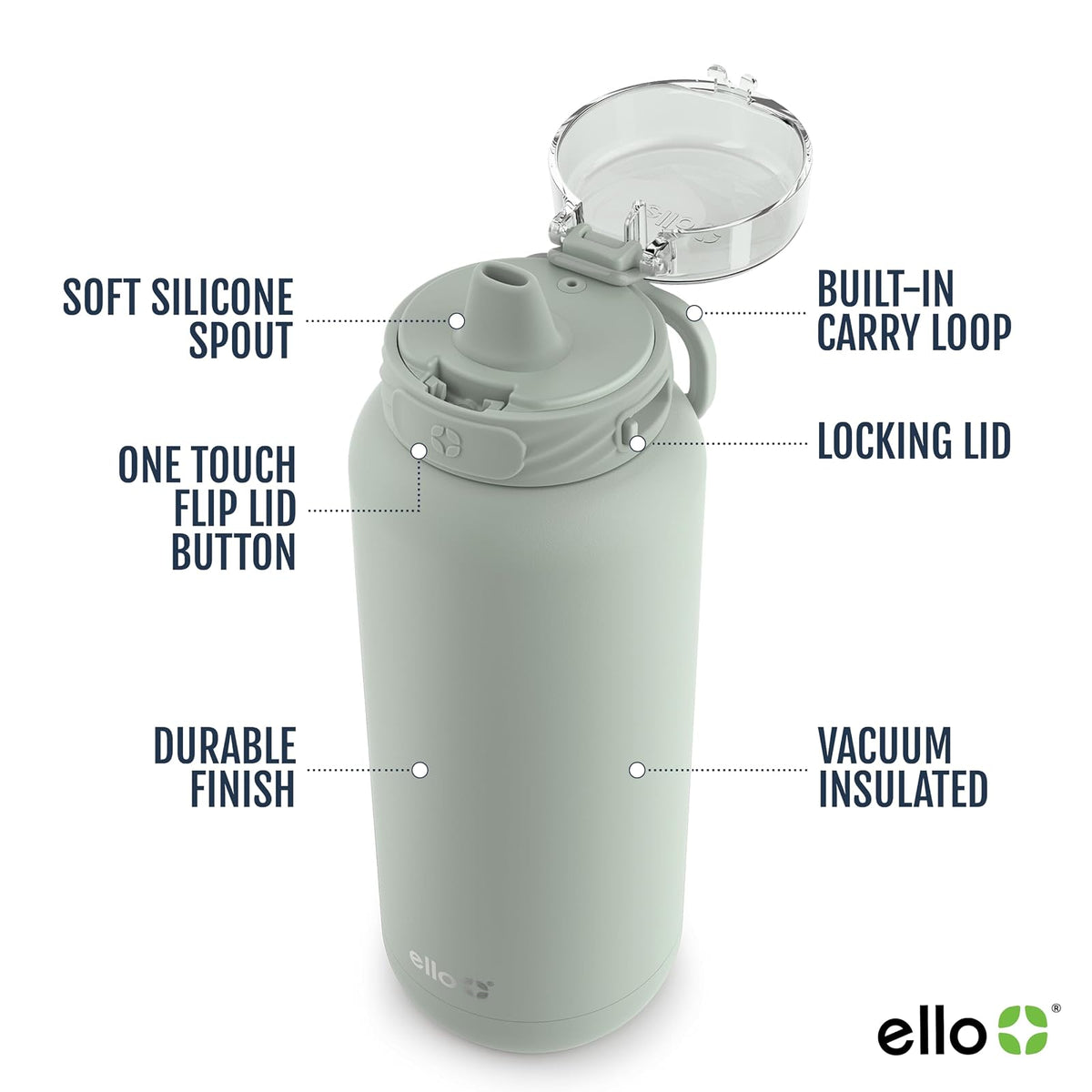 Ello Cooper - Botella de agua de acero inoxidable de 22 onzas con popote y asa de transporte, doble pared y metal aislado al aspiradora, tapa de bloqueo a prueba de fugas con boquilla de silicona